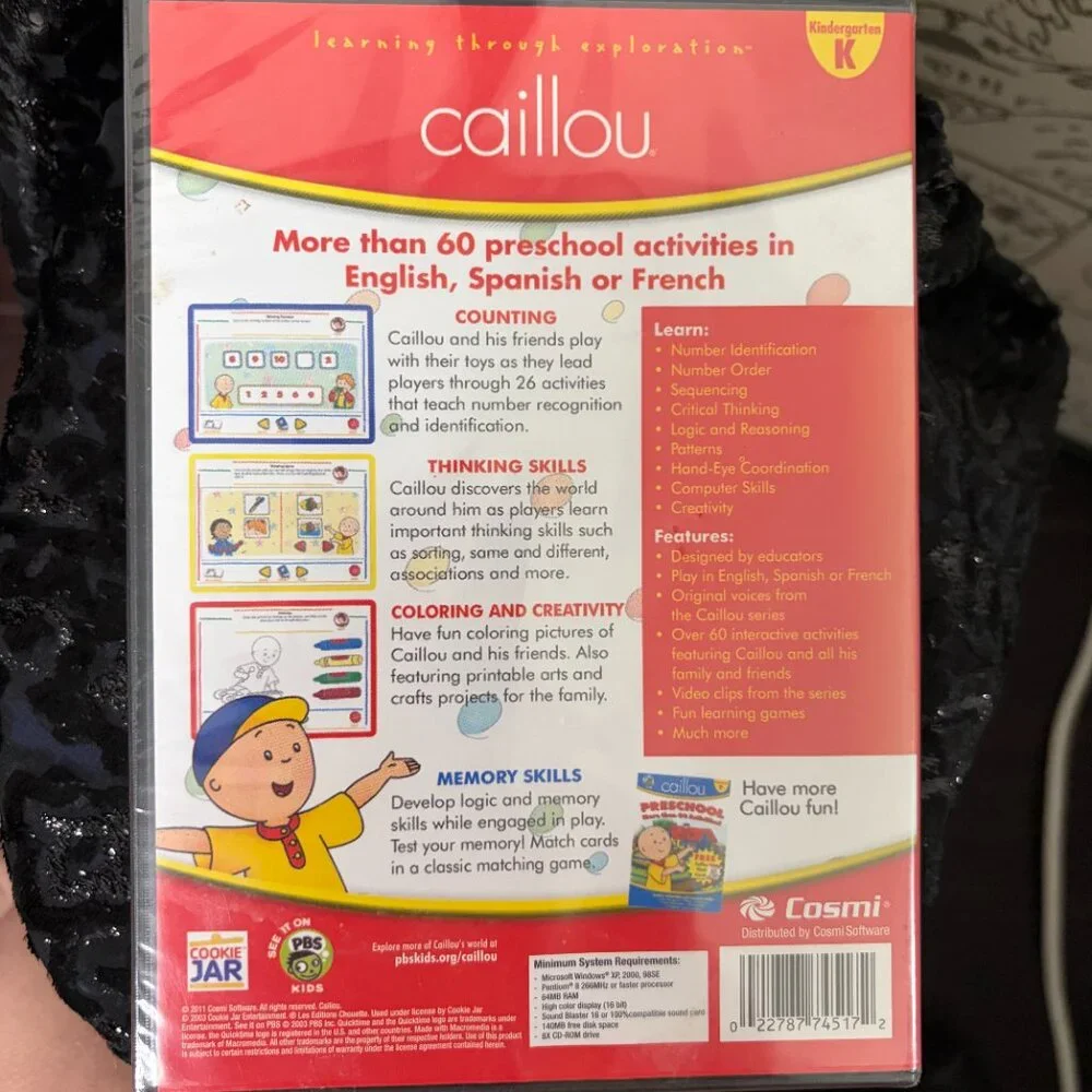 Caillou PC CD-ROM Set English Spanish French Preschool-K Activities Educational